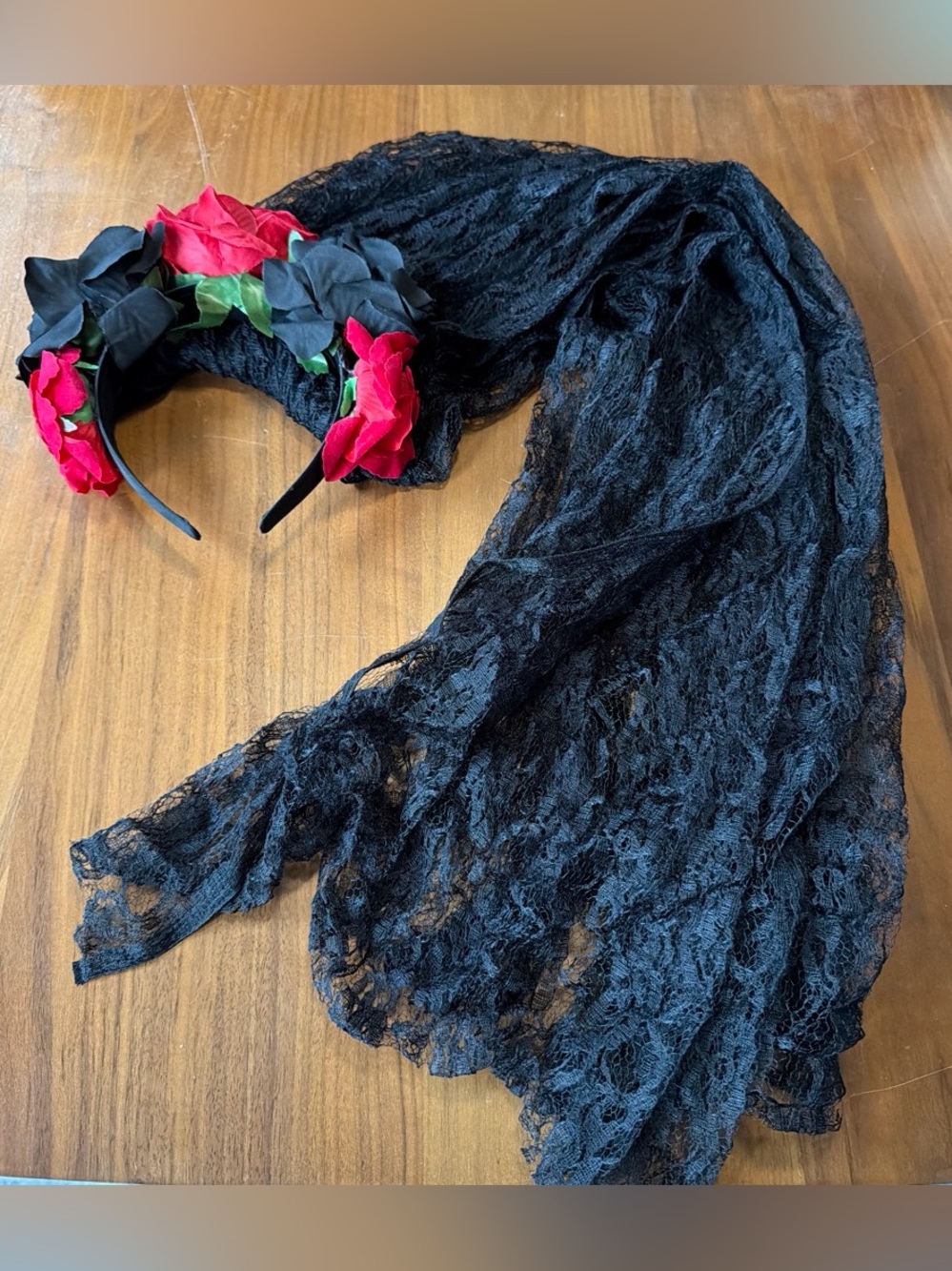 Black Lace Veil Headband with Red Rose Accents